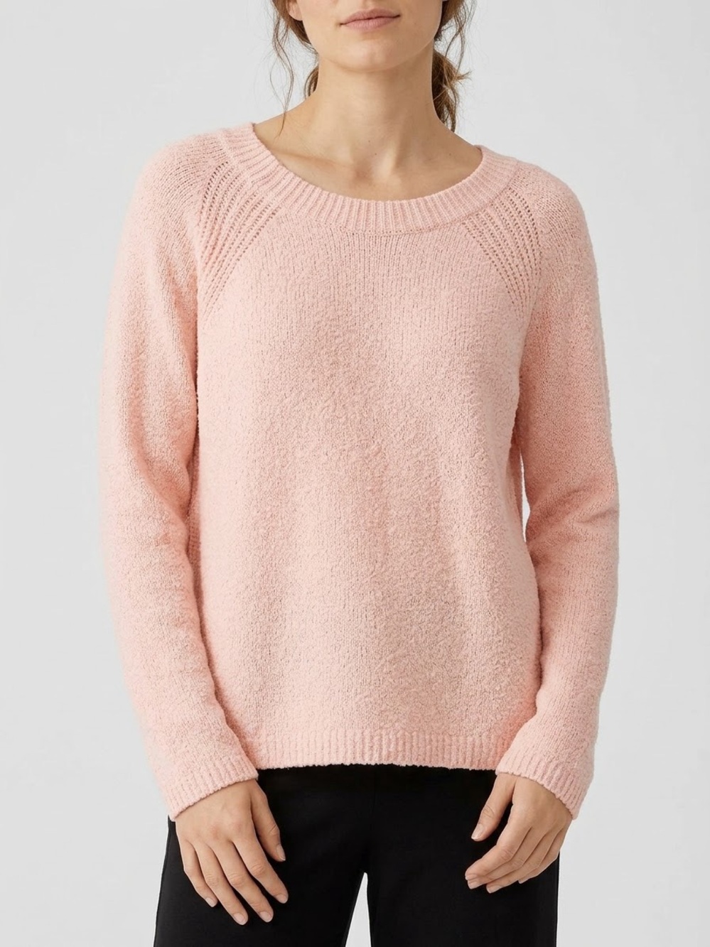 Eileen Fisher Organic Cotton Boucle Raglan Knit Sweater L Pink Italian Yarn